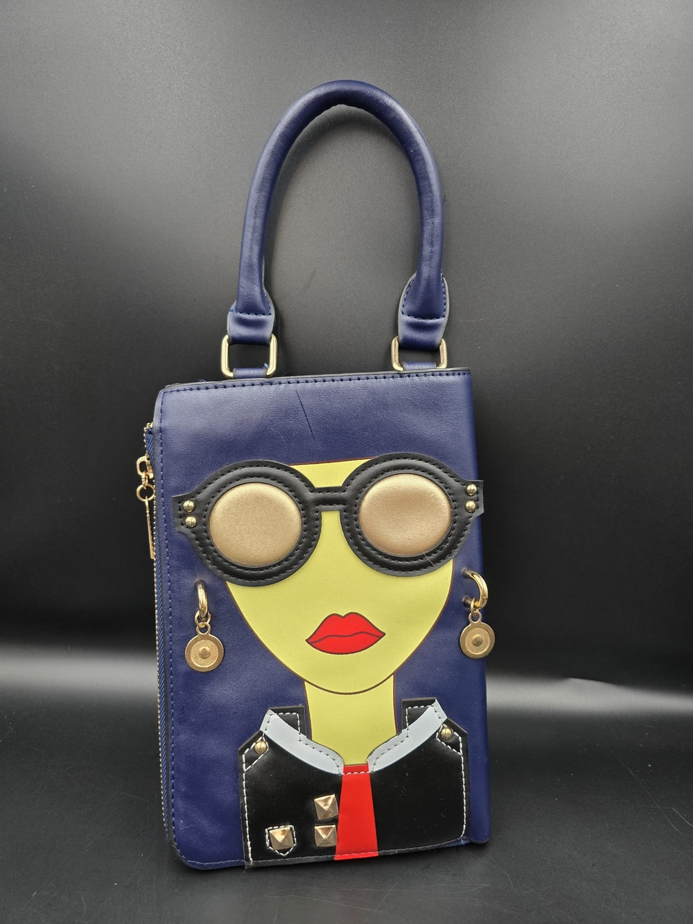 Novelty Navy Mini Shoulder Bag with Yellow Face Applique